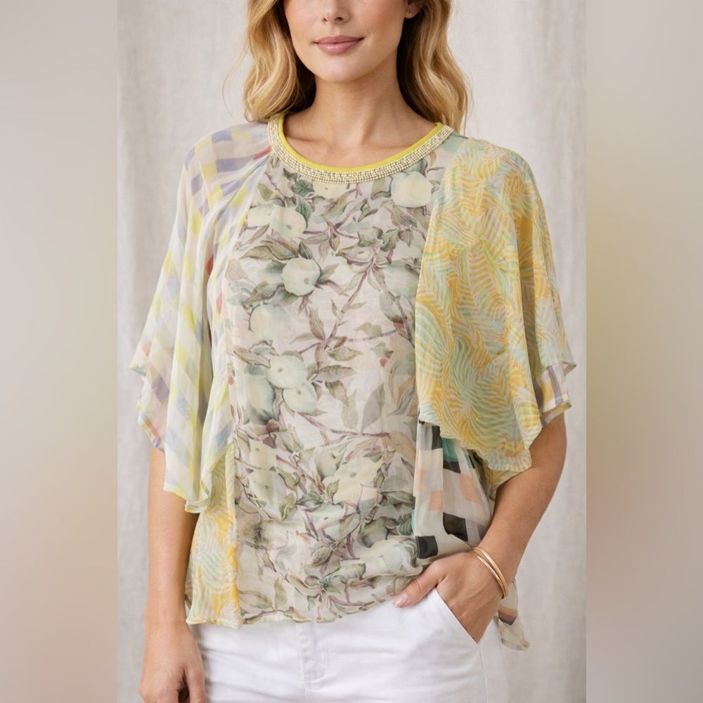 BLANK London Anthropologie Patchwork Sheer Floral Apple Beaded Neck Blouse L
